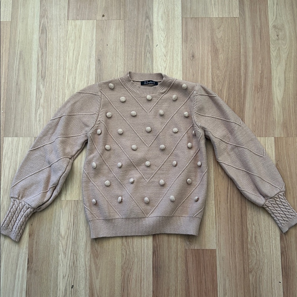 Simplee Tan Pom Pom Knit Sweater Chic Textured Cozy Winter Pullover.